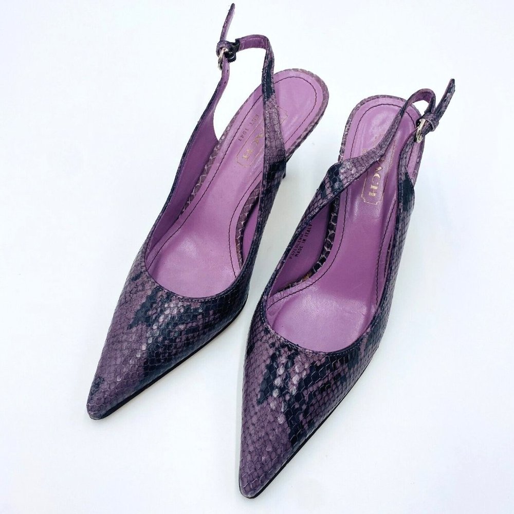 Coach Alena Snakeskin Purple Leather Pointy Slingbacks Heels Womens Size 6.5 B